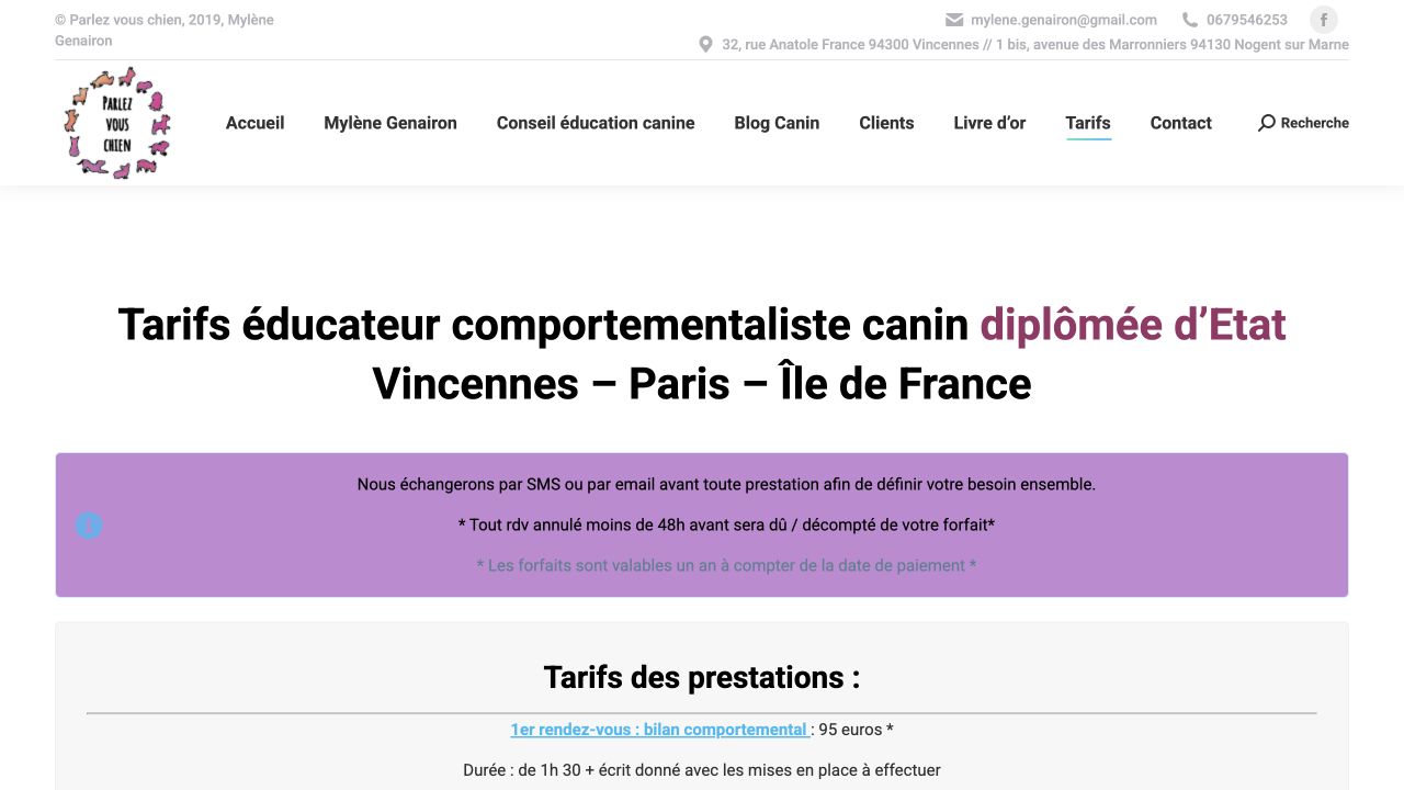 Capture du site de Parlez Vous Chien — Mylène Genairon